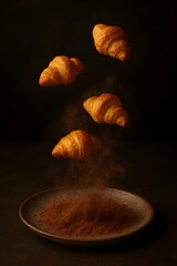 Floating Croissants with Cloud of Cocoa Powder