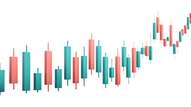 Candlestick chart showing an upward trend isolated on transparent background
