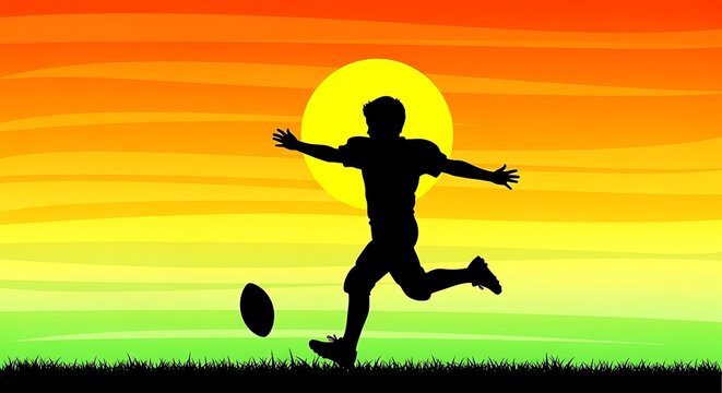 Football Player Kicking the Ball at Sunset.