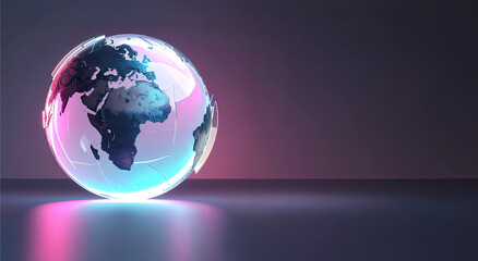 Futuristic glass globe shows global network connection. Technology, communication, and data visualization. Neon lights highlight digital future and business strategy.