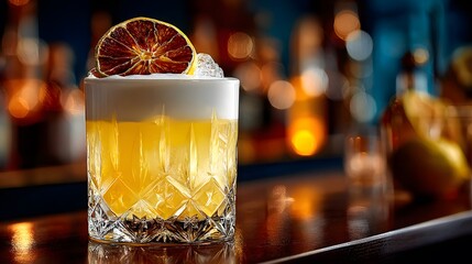 Classic whiskey sour cocktail is served in a crystal-cut glass. It has a perfect egg white foam layer and is garnished with a dehydrated orange wheel on top.