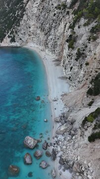 Drone pictures of the stunning beaches of Ithaka and Kefalonia on the Greek Ionian Islands in the blue Mediterranean sea 
