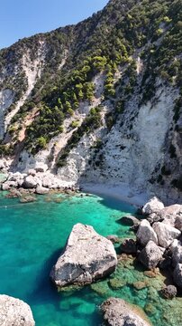 Drone pictures of the stunning beaches of Ithaka and Kefalonia on the Greek Ionian Islands in the blue Mediterranean sea 