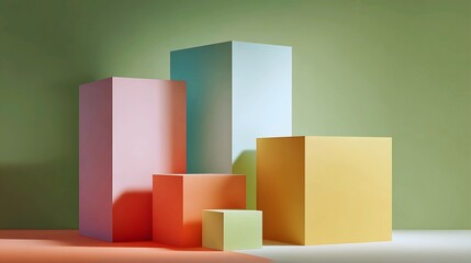 Geometric shapes geometric boxes stacked in a gradient of soft pastel colors and soft lighting