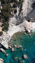 Drone pictures of the stunning beaches of Ithaka and Kefalonia on the Greek Ionian Islands in the blue Mediterranean sea 