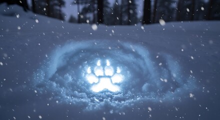 Glowing paw print in the snow during a winter snowfall in a forest setting