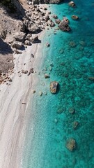 Drone pictures of the stunning beaches of Ithaka and Kefalonia on the Greek Ionian Islands in the blue Mediterranean sea 