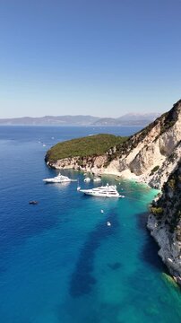Drone pictures of the stunning beaches of Ithaka and Kefalonia on the Greek Ionian Islands in the blue Mediterranean sea 