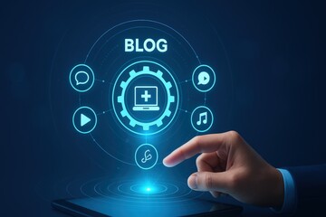 Digital interface displays a "BLOG" concept with interconnected icons surrounding a gear-shaped central element, a hand touches a digital tablet representing a digital blog platform.