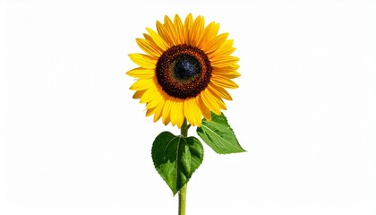 Fototapeta premium Single sunflower with bright yellow petals and green leaves on white background—evoking joy, symmetry, and the radiant choreography of nature, summer, and optimism.