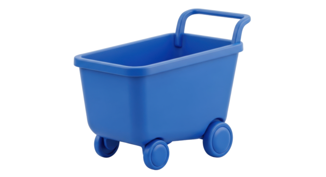 Isolated small blue plastic shopping cart, toy market trolley for kids, clean design