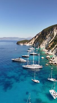 Drone pictures of the stunning beaches of Ithaka and Kefalonia on the Greek Ionian Islands in the blue Mediterranean sea 