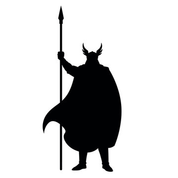 Black silhouette of a mythical Norse god holding a spear.