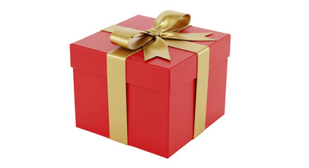 Isolated red square gift box with gold ribbon and bow, holiday present, birthday surprise