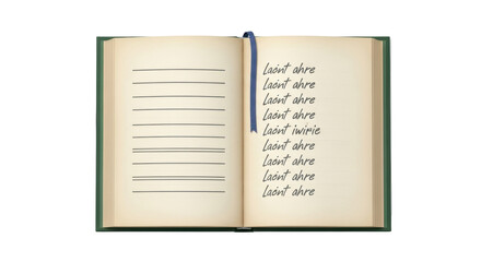 Isolated open blank notebook with text on page, empty lines, bookmark for writing notes