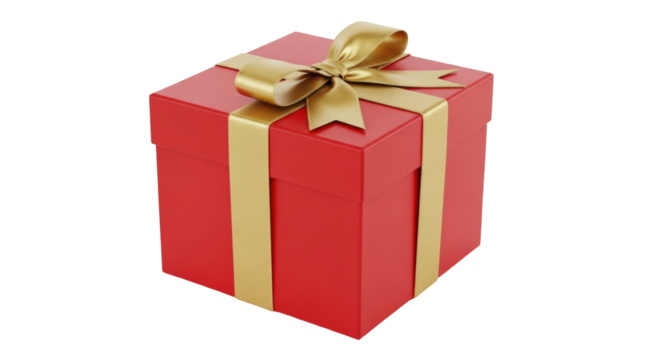 Isolated red square gift box with gold ribbon and bow, holiday present, birthday surprise