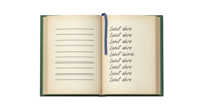 Isolated open blank notebook with text on page, empty lines, bookmark for writing notes