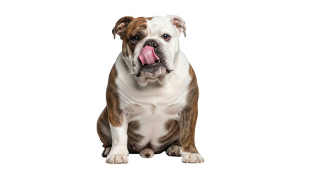 Obraz premium Isolated Bulldog licking its nose in a studio, sitting and looking at the camera, portrait, cute