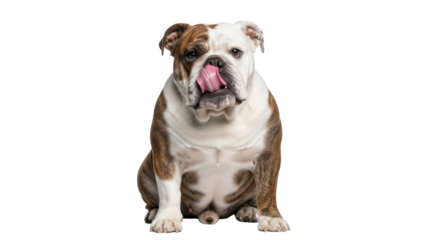 Isolated Bulldog licking its nose in a studio, sitting and looking at the camera, portrait, cute