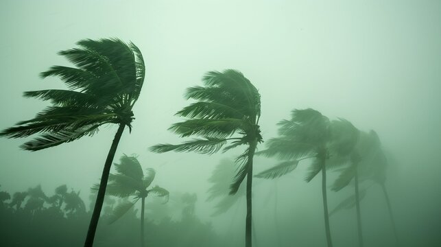 Tall palm trees bending in hurricane wind, heavy rain, dramatic storm atmosphere.