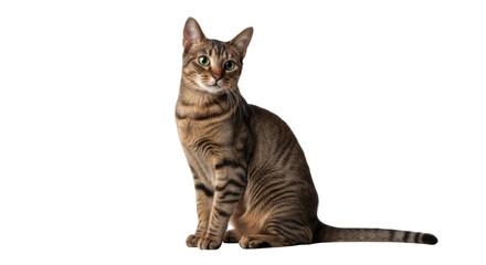 Isolated tabby cat is sitting and posing indoors looking forward with green eyes © Dennis