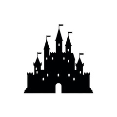 Obraz premium Silhouette of a Majestic Castle with Towers and Flags.
