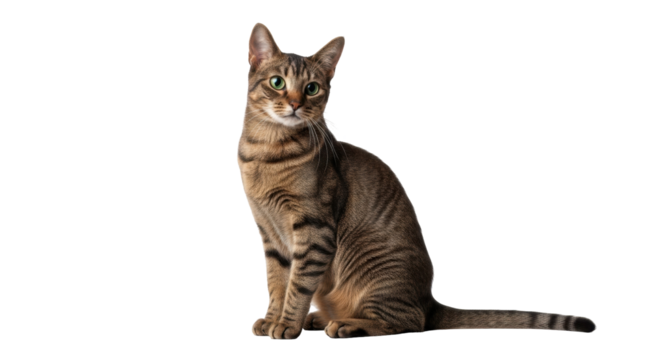 Isolated tabby cat is sitting and posing indoors looking forward with green eyes