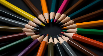 A high-angle shot of many colorful, sharpened pencils arranged in a perfect radial circle with tips pointed inward towards a black center. Abstract studio photo.