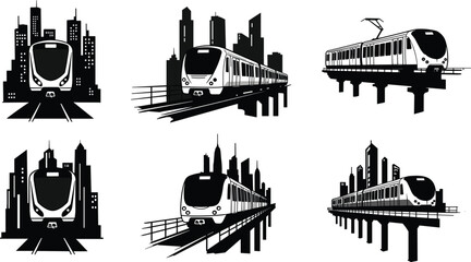 Urban, train, cityscape, elevated, tracks, infrastructure, transportation, architecture, modern, buildings, silhouette, public, transit, bridge, illustration