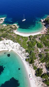 Drone pictures of the stunning beaches of Ithaka and Kefalonia on the Greek Ionian Islands in the blue Mediterranean sea 