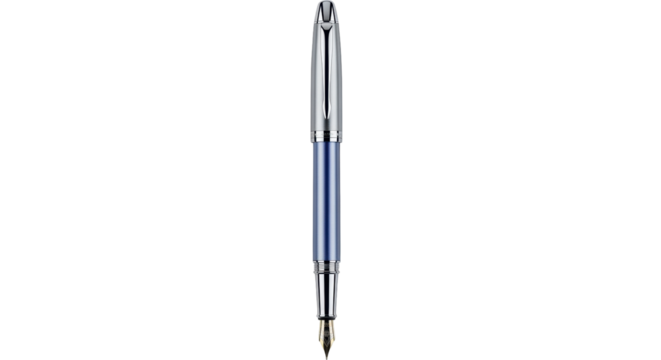 Isolated Fountain Pen, Silver and Blue Pen for Writing, Office Supply, Business Tool