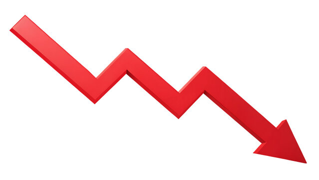 A red arrow pointing downwards indicating a decline isolated on transparent background