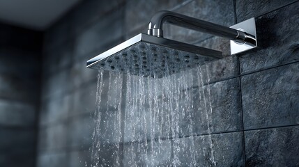Close-up photograph of a modern, chrome rain shower head. Clean streams of water are flowing down, set against elegant, dark bathroom tiles in the back.