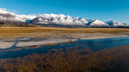 Snowy mountains and wetlands in Los Alerces National Park, Chubut province, Patagonia, Argentina.