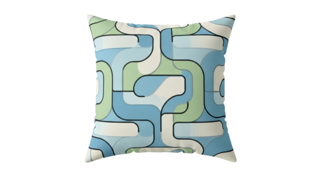 Isolated Modern Throw Pillow with Geometric Pattern in Blue, Green, and Cream Colors