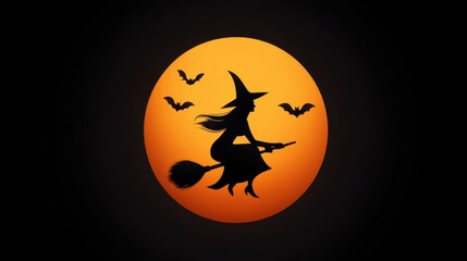Fototapeta premium Witch on a Broomstick Flying Against a Large Orange Moon with Bats Silhouetted in the Night Sky