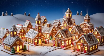 Charming gingerbread village scene under a starry night sky with snow covered hills
