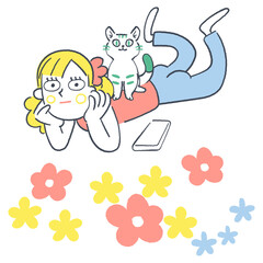 花と猫に囲まれてリラックスしたやさしい雰囲気の女性相談員　花に囲まれ猫とリラックスする女性
