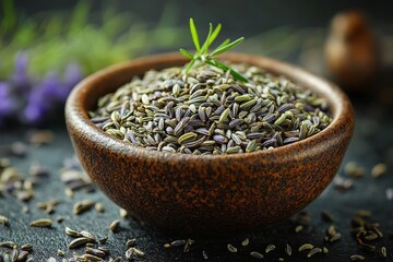 Aromatic dried lavender florets in a rustic bowl, graced with a fresh rosemary sprig. Embodying natural wellness, organic ingredients, herbal remedies, and aromatherapy for ultimate relaxation.