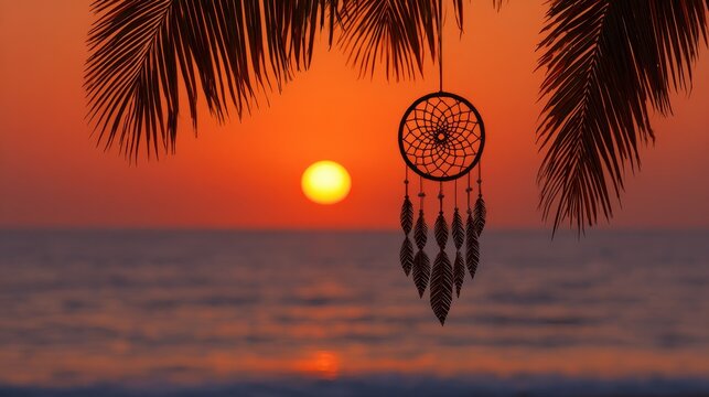 Dreamcatcher Hanging from Palm Tree Against Vibrant Sunset Over Calm Ocean Waves