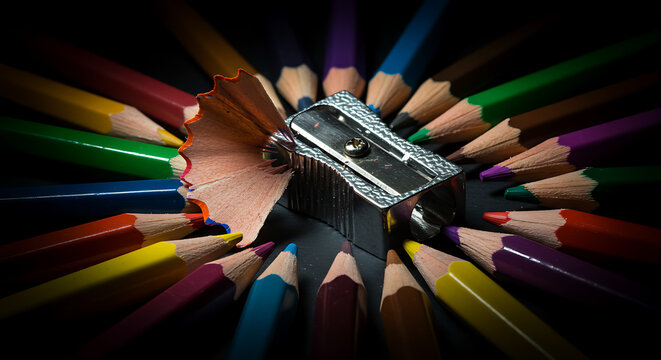A close-up of a silver metal sharpener surrounded by colorful, sharpened pencils arranged in a radial pattern with a prominent wood shaving against a black background.