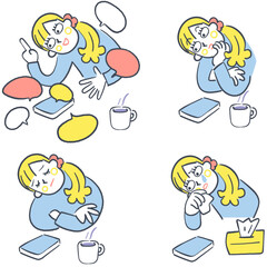 相談員の女性のさまざまな表情と仕草　思い悩む女性　イラストセット
