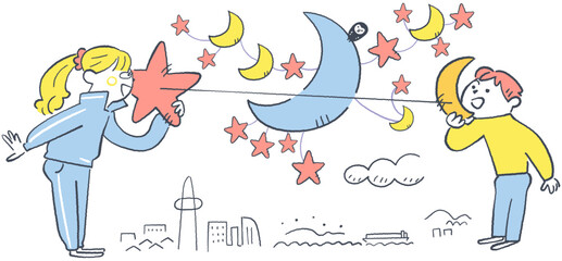 星と月でつながる夜の会話　女性相談員と少年のイラスト
