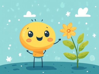 Cheerful round yellow character, smiling with rosy cheeks, waving by a vibrant yellow flower, green leaves. Whimsical light blue sky, fluffy clouds, abstract elements. Cute cartoon illustration.