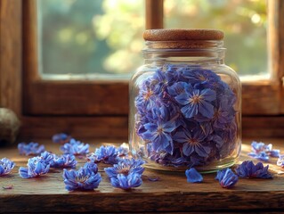 Dried passionflower blossoms, detailed petals, soft focus, glass jar, natural light. --ar 4:3 --stylize 530 --v 6.1 Job ID: f23338f5-7de7-4326-99bb-809e8ad1ab9a