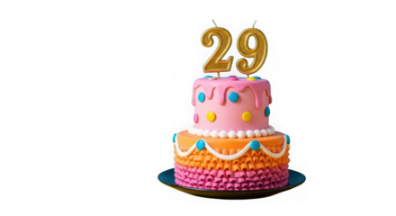 A twotiered birthday cake with candles spelling out the number 29, isolated on transparent background