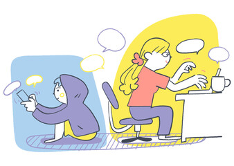 あなたの繋がりやすさで　チャットで繋がる安心　オンライン相談員とスマホを持つ少年	
