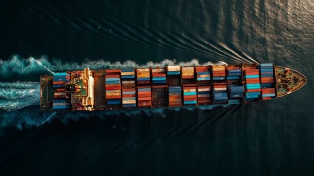 A breathtaking top angle cinematic view of a massive cargo ship transporting colorful shipping containers across the deep blue ocean, symbolizing global trade, logistics, and maritime commerce