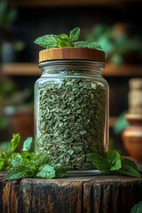 Preserved Aromatic Mint: Dried Mint Leaves in a Clear Glass Jar with a Wooden Lid, Nestled Among Fresh Mint Sprigs on a Rustic Wood Surface, Highlighting Herbal Freshness and Culinary Potential