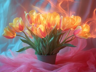 Vibrant Bouquet of Luminous Yellow and Orange Tulips with an Ethereal Glow, set Against a Dreamy Backdrop of Swirling Blue and Red Light, resting on Soft Pink Fabric